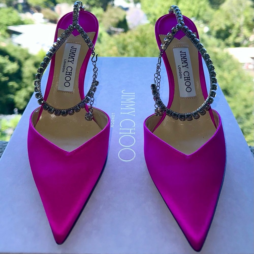 Jimmy Choo Fuchsia Satin Heels with Crystal Straps